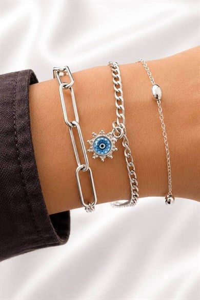 Gümüş   Renk  Zincir Detaylı 3lü Bileklik Set