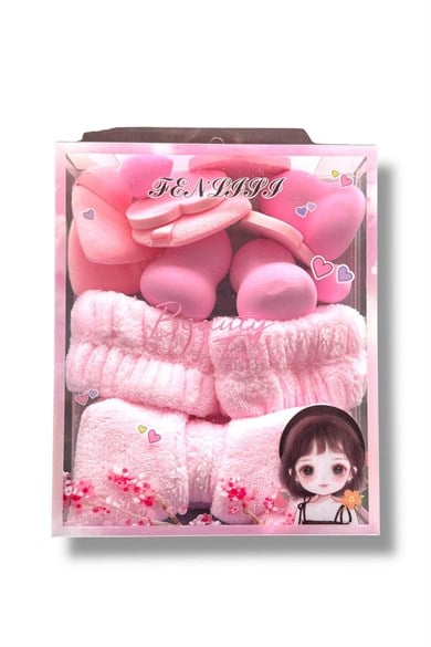 Pembe Renk Kurdele Figürlü Havlu Saç Bandı/ Makyaj Süngeri/ Pudra Süngeri/ Su Emici Havlu Bileklik Set