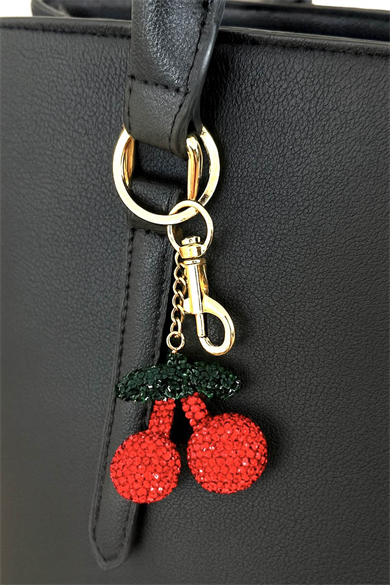Altın Ve Kırmızı Renk Kiraz Figürlü Taş Detaylı Çanta Charm/ Anahtarlık