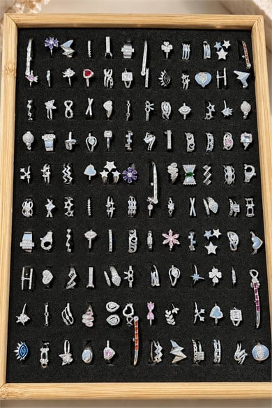120li Gümüş Renk Karışık Figürlü  Ayarlanabilir Stantlı Yüzük Set
