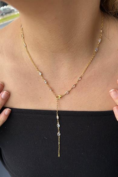 Altın Renk Taş Detaylı Çelik Y Kolye