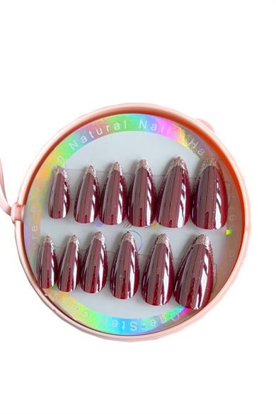 12li Bordo Renk Sim Detaylı Takma Tırnak (Yapıştırıcılı)