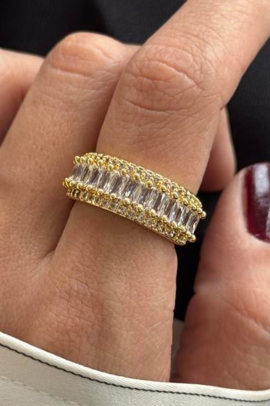 Altın Renk Taş Detaylı Ayarlanabilir Çelik Yüzük