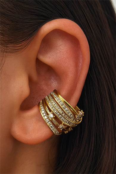 Altın Renk Taş Detaylı 14K Altın Kaplama TX Ear Cuff (Tek)