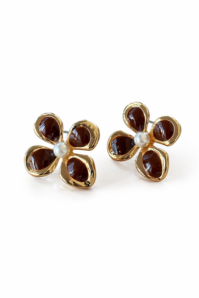 Altın Ve Kahve Renk Çiçek Figürlü Küpe (Çift)