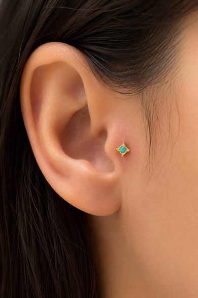 Altın Renk Mavi Taşlı Cerrahi Çelik Tragus/Kıkırdak Küpe/Piercing (Tek)