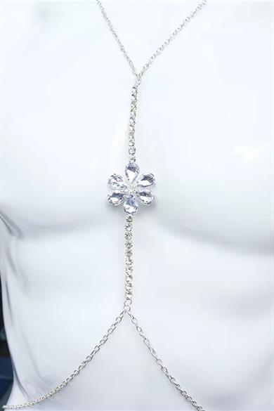 Gümüş Renk Çiçek Figürlü Taş Detaylı Tasarım Vücut Aksesuar