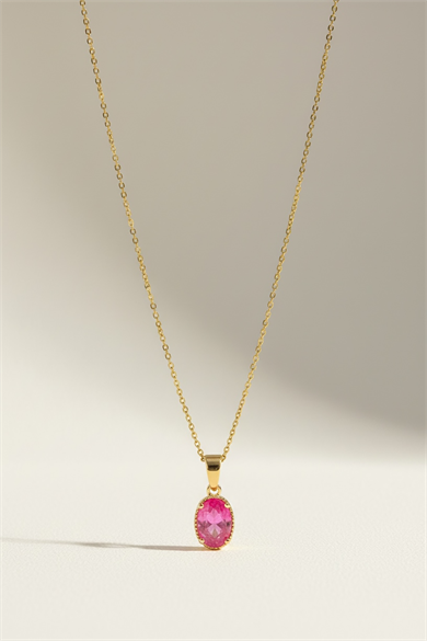Altın Renk Pembe Taş Detaylı Çelik Kolye