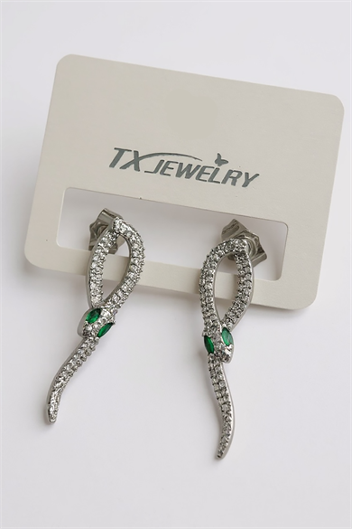 Gümüş Renk Yılan Figürlü Taş Detaylı 14K Altın Kaplama TX Küpe (Çift)