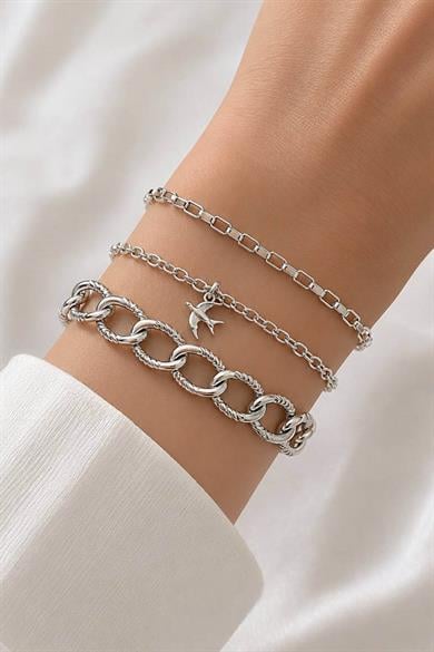 Gümüş Renk Kuş  Figürlü Zincir Detaylı 3lü Bileklik Set