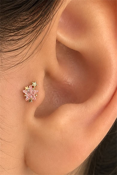 Altın Renk Yıldız Figürlü Taşlı Cerrahi Çelik Tragus/Kıkırdak Küpe/Piercing (Tek)