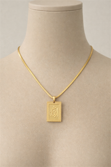Altın Renk Allah Yazılı Çelik Kolye