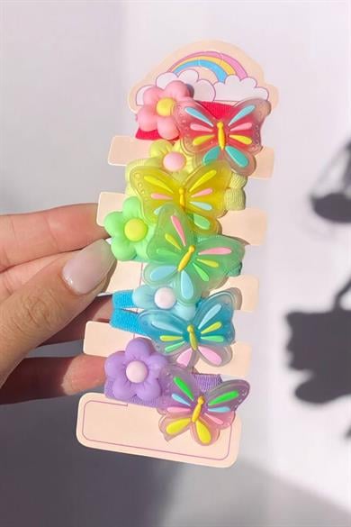 5li Karışık Renk Kelebek Ve Çiçek Figürlü Lastik Toka Set