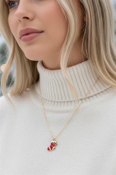 Altın Renk Çorap Figürlü Çelik Yılbaşı Kolyesi