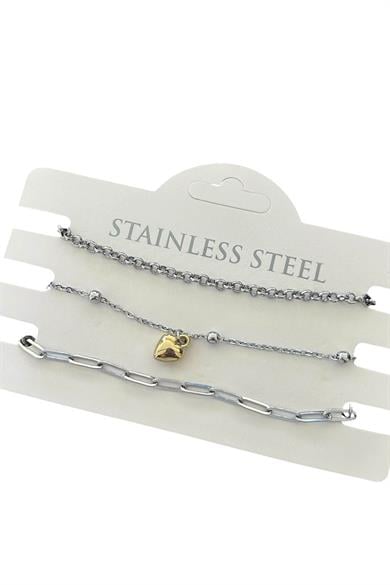 Gümüş Renk Kalp Figürlü Zincir Detaylı 3lü Çelik Bileklik Set