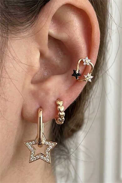 Altın Renk Yıldız Figürlü Taş Detaylı 3lü YSX Küpe Set