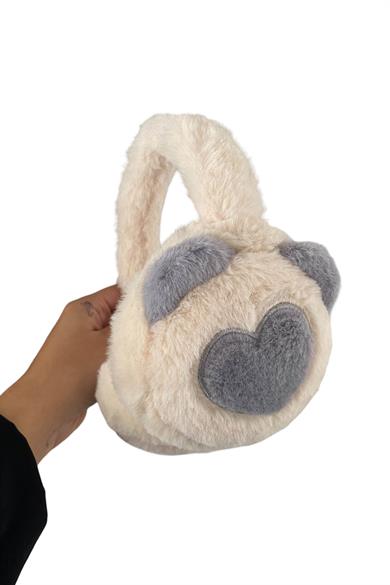 Krem Ve Gri Renk Kalp Figürlü Peluş Kulaklık