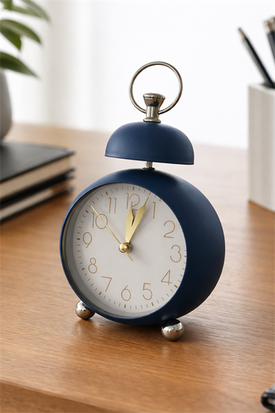 Lacivert Renk Mini Dekoratif Işıklı Alarmlı Yuvarlak Masa Saati