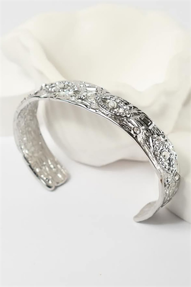 Gümüş Renk Göz Figürlü Taş Detaylı Çelik Kelepçe Bileklik