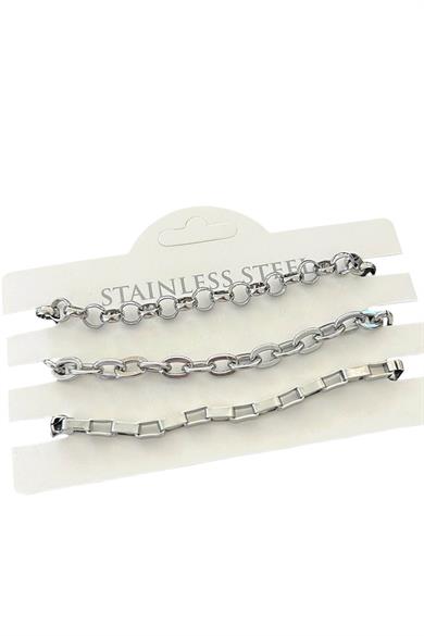 Gümüş Renk Zincir Detaylı 3lü Çelik Bileklik Set
