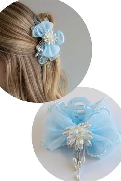 Mavi Renk Kurdele Figürlü İnci Detaylı Mandal Toka