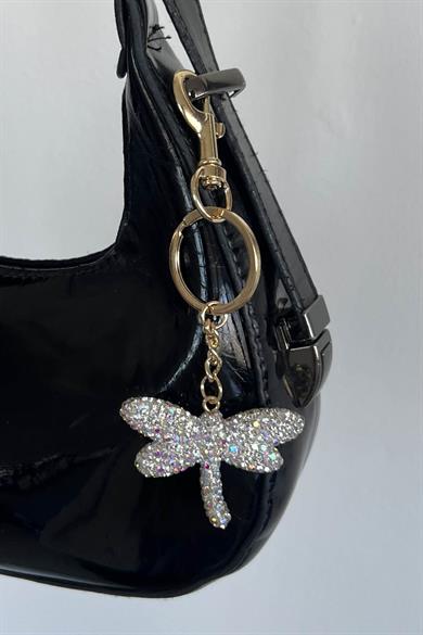 Altın Renk Yusufçuk Figürlü Gümüş Renk Taş Detaylı Çanta Charm/ Anahtarlık