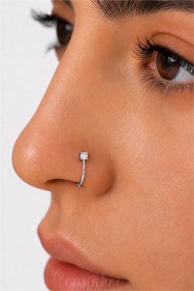 Gümüş Renk Taş Detaylı Cerrahi Çelik Deliksiz Kulak/Burun Piercing 