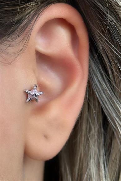 Gümüş Renk YıldızFigürlü Çelik Tragus/Kıkırdak Küpe/Piercing (Tek)