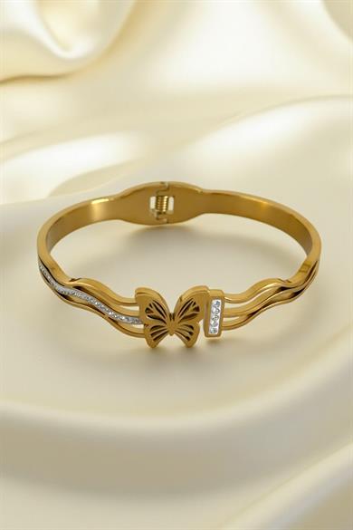 Altın Renk Kelebek Figürlü Çelik Kelepçe Bileklik
