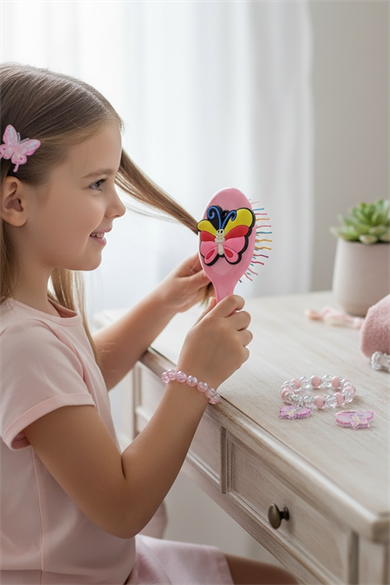 Pembe Renk Kelebek Figürlü Tarak /Bileklik /Yüzük Ve Toka Set