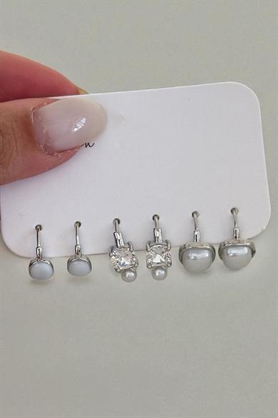 Gümüş Renk İnci Detaylı 6lı Küpe Set