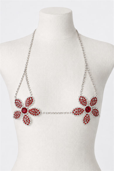 Gümüş Renk Çiçek Detaylı Taş Detaylı Bikini Üstü /Bralet /Vücut Aksesuarı