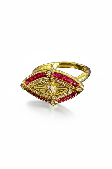 Altın Ve Pembe Renk Göz Detaylı 14K Altın Kaplama Ayarlanabilir Yüzük