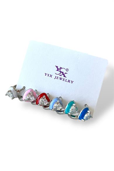 Gümüş Renk Kalp Figürlü Taş Detaylı 6lı YSX Küpe Set  