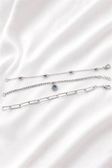 Gümüş   Renk  Zincir Detaylı 3lü Bileklik Set