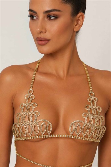Altın Renk Taş Detaylı Bikini Üstü /Bralet /Vücut Aksesuarı