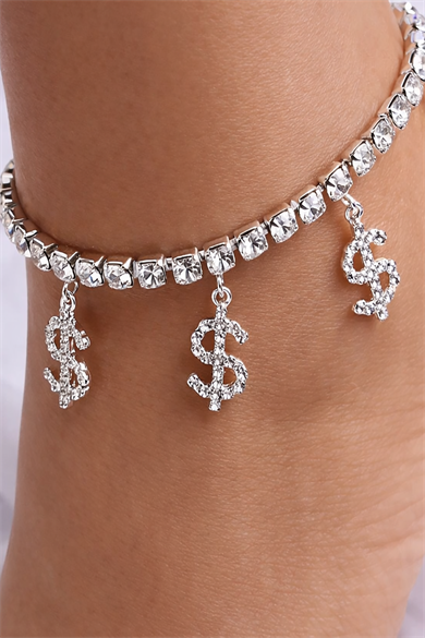 Gümüş Renk Dolar Figürlü Taş Detaylı Tasarım Halhal