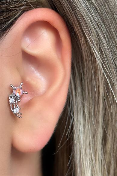 Gümüş Renk Yıldız Figürlü Taş Detaylı Çelik Tragus/Kıkırdak Küpe/Piercing (Tek)
