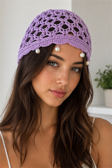 Lila Renk İnci Detaylı Örgü Saç Bandana