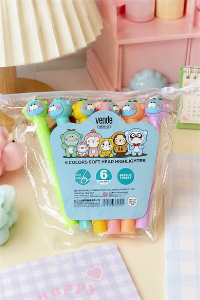 Karışık Renk Ayıcık Figürlü 6lı Fosforlu Kalem Set