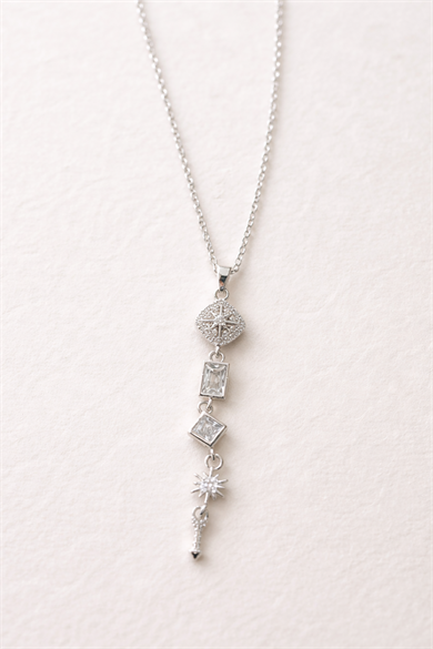 Gümüş Renk Taş Detaylı Y Kolye