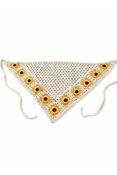 Sarı Renk Çiçek Desenli Örgü Saç Bandana