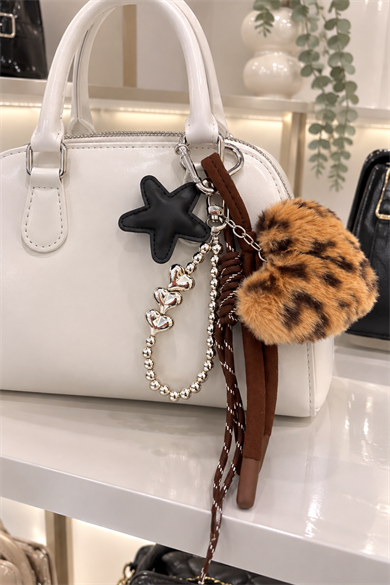 Kahverengi Leopar Kalp Detaylı Çanta Charm/ Anahtarlık