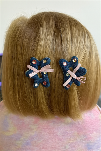 Mavi Ve Pembe Renk Karışık Figürlü Taşlı İkili Mini Mandal Toka Set