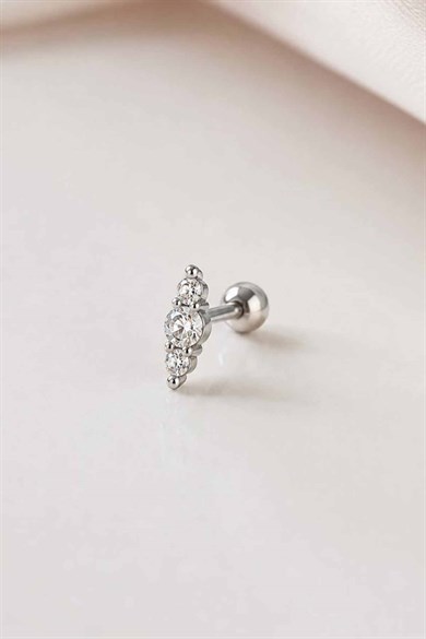 Gümüş Renk Taşlı Cerrahi Çelik Tragus/Kıkırdak Küpe/Piercing (Tek)