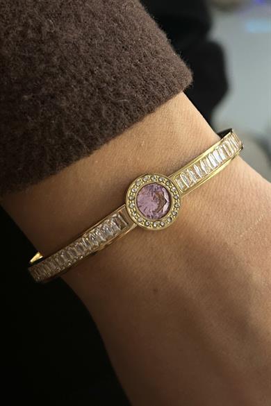 Altın Renk Pembe Taş Detaylı Çelik Kelepçe Bileklik