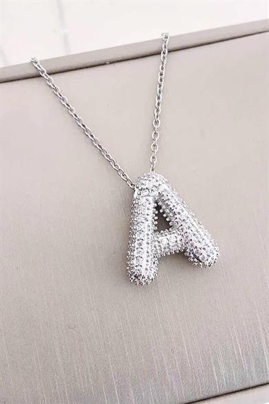 Gümüş Renk A Harf Taş Detaylı Çelik Kolye