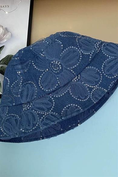 Lacivert Renk Çiçek Figürlü Tasarım Şapka