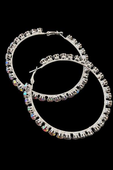 Gümüş Renk Taş Detaylı Halka Küpe 70Mm (Çift)