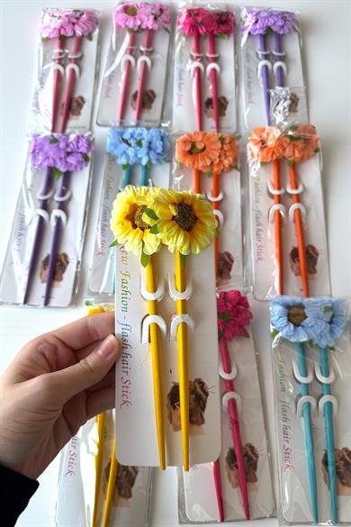 12li Karışık Renk Çiçek Figürlü Topuz Kalemi/ Tokası Set